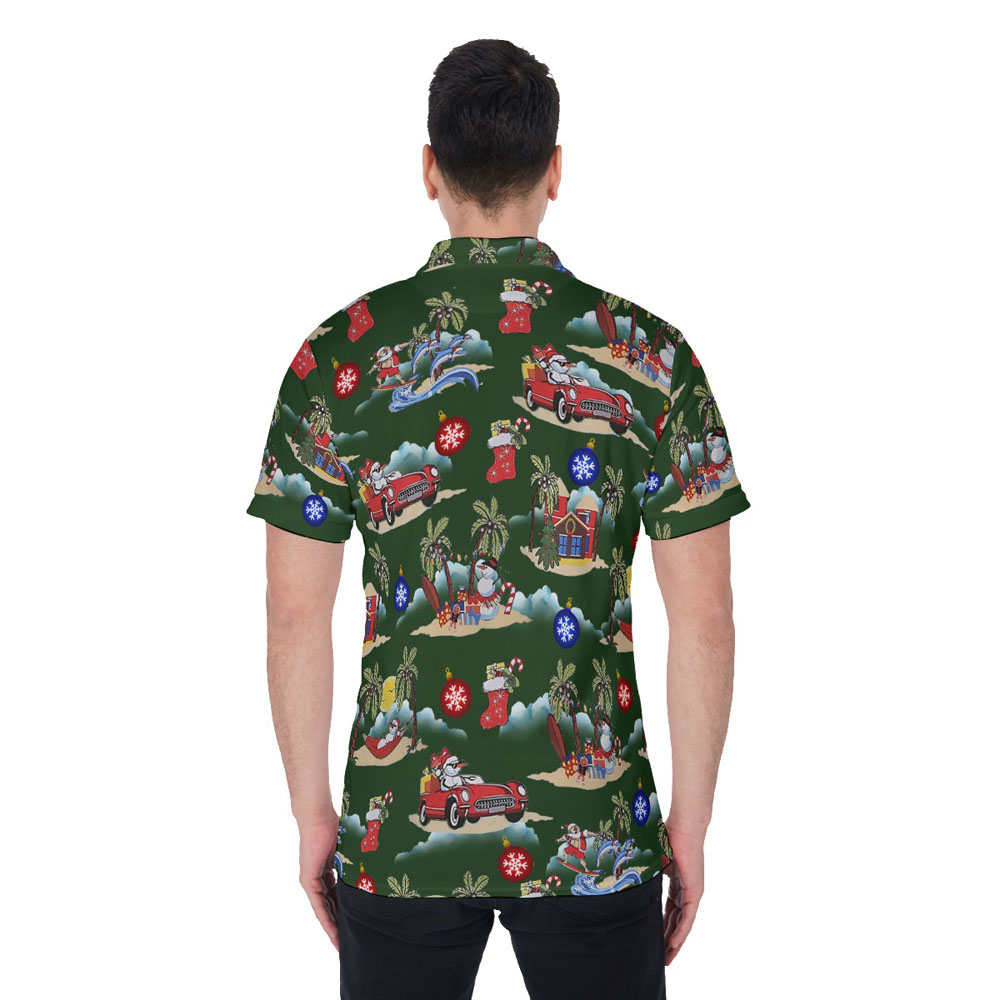 Funny Christmas Santa And Snowman On Beach Hawaiian Polo Shirt