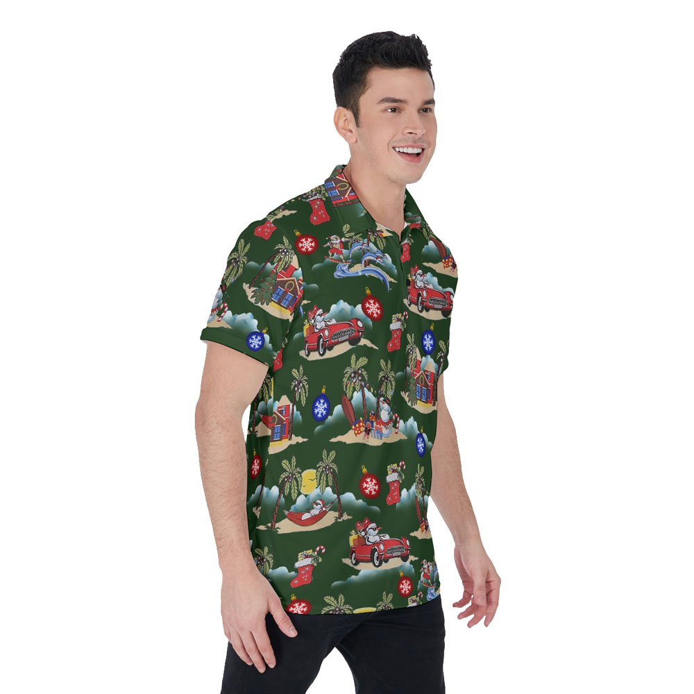 Funny Christmas Santa And Snowman On Beach Hawaiian Polo Shirt