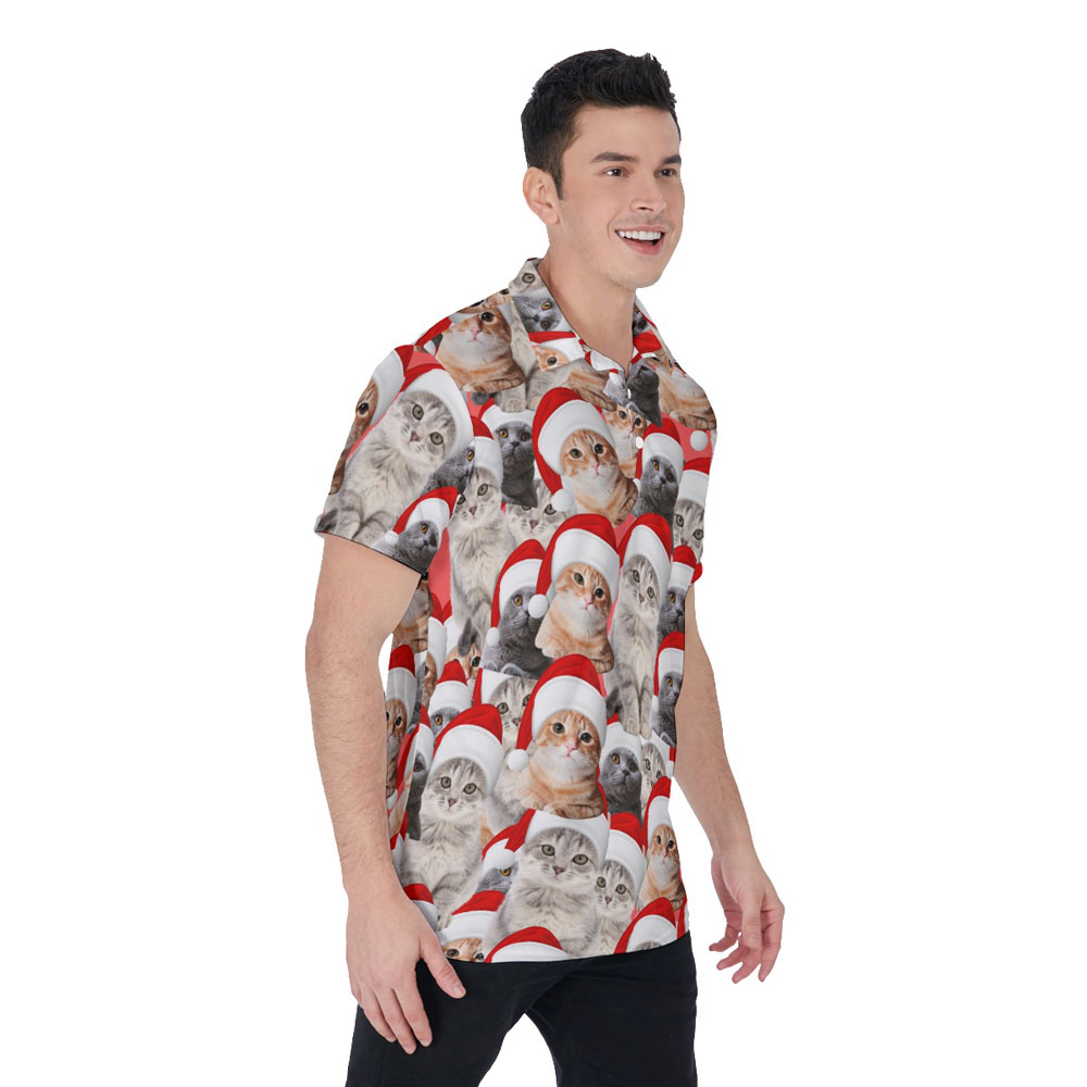 Cute Christmas Cat Hawaiian Polo Shirt For Men
