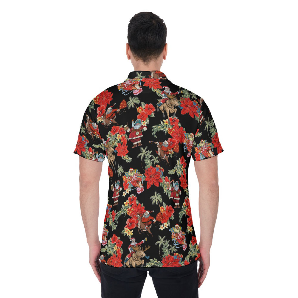 Vintage Christmas Santa Claus Red Poinsettia Hawaiian Polo Shirt