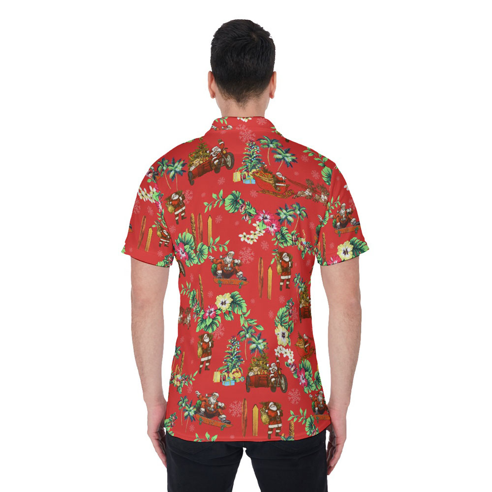 Vintage Christmas Santa Claus Floral Hawaiian Polo Shirt For Men