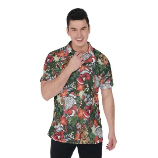 Funny Christmas Santa Drinking Beer Hawaiian Polo Shirt For Men