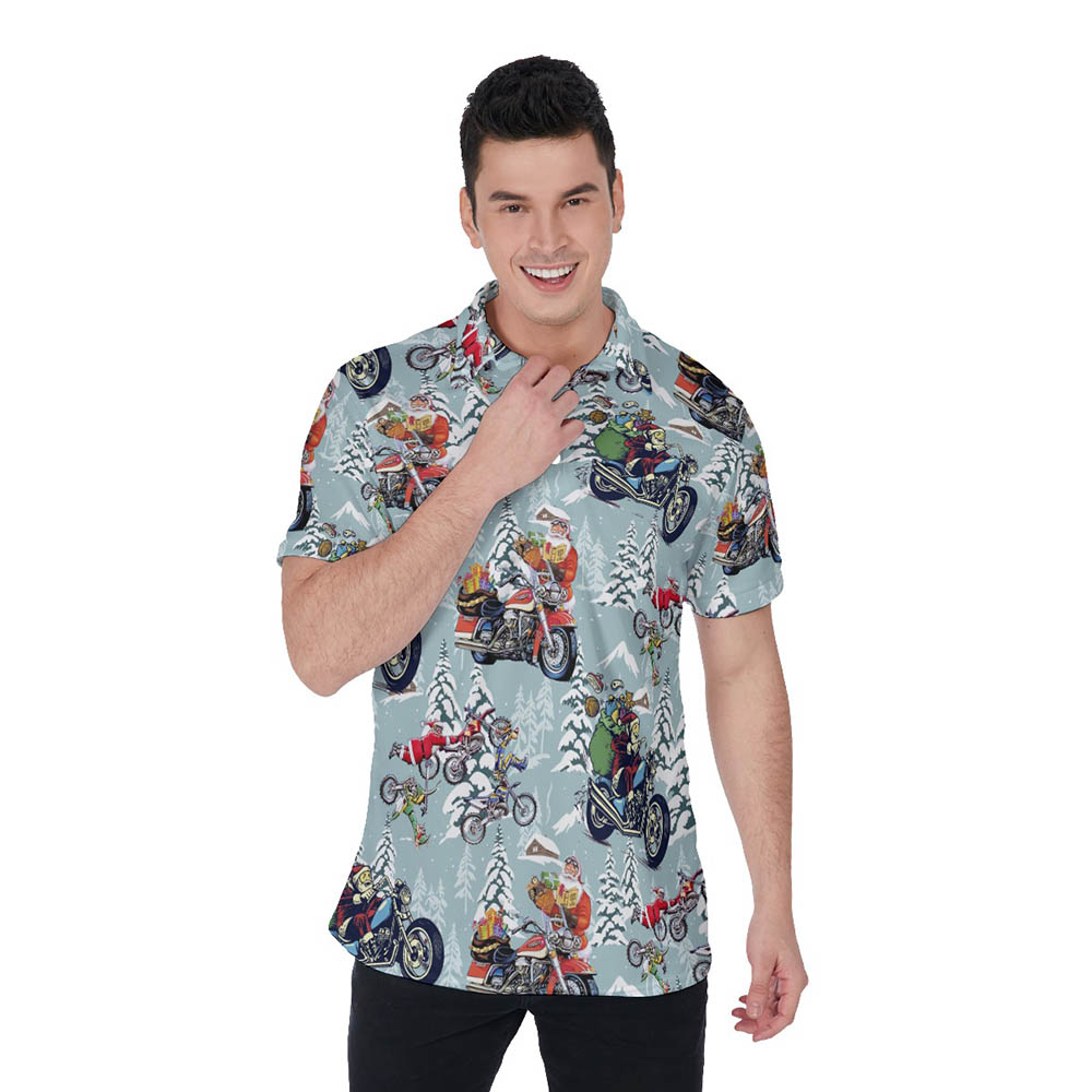 Funny Santa Riding Motorcycle Christmas Hawaiian Polo Shirt For Men - variant image 1