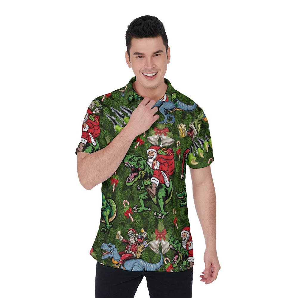 Funny Christmas Santa Riding Dinosaur Hawaiian Polo Shirt For Men - variant image 1