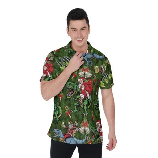 Funny Christmas Santa Riding Dinosaur Hawaiian Polo Shirt For Men