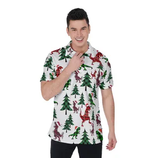 Christmas Dinosaur Buffalo Plaid Hawaiian Polo Shirt For Men