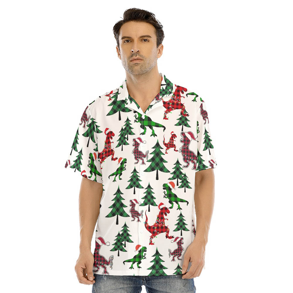 Funny Christmas Dinosaur Buffalo Plaid Hawaiian Shirt - variant image 1