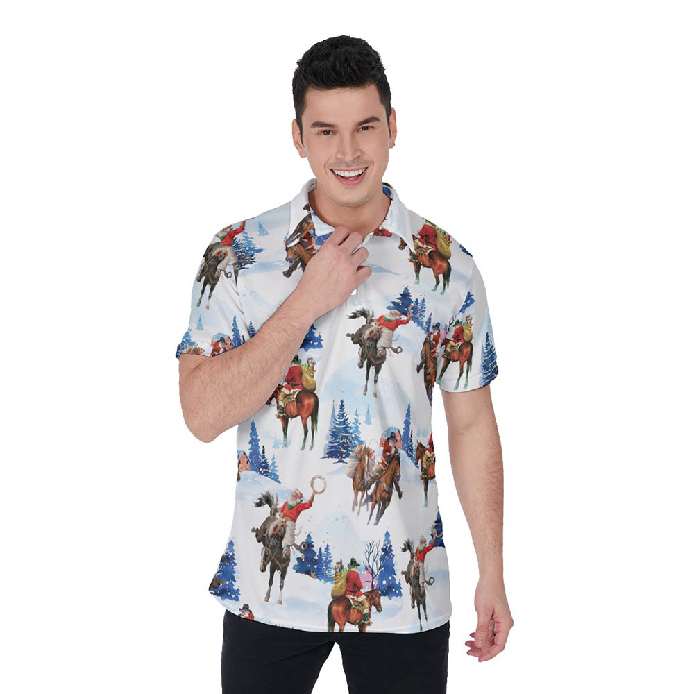 Funny Christmas Santa Cowboy Hawaiian Polo Shirt For Men - variant image 1