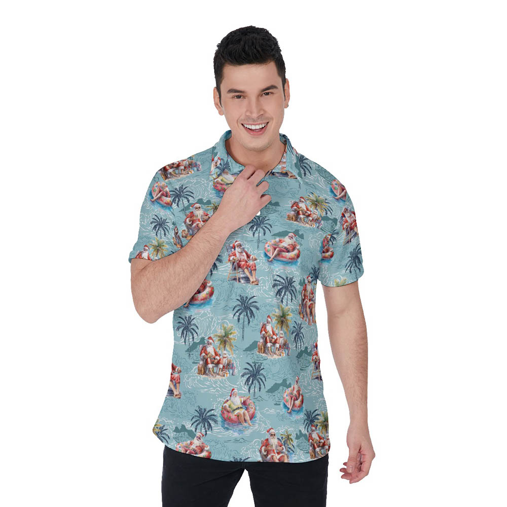 Funny Summer Vacation Santa Blue Hawaiian Polo Shirt For Men - variant image 1