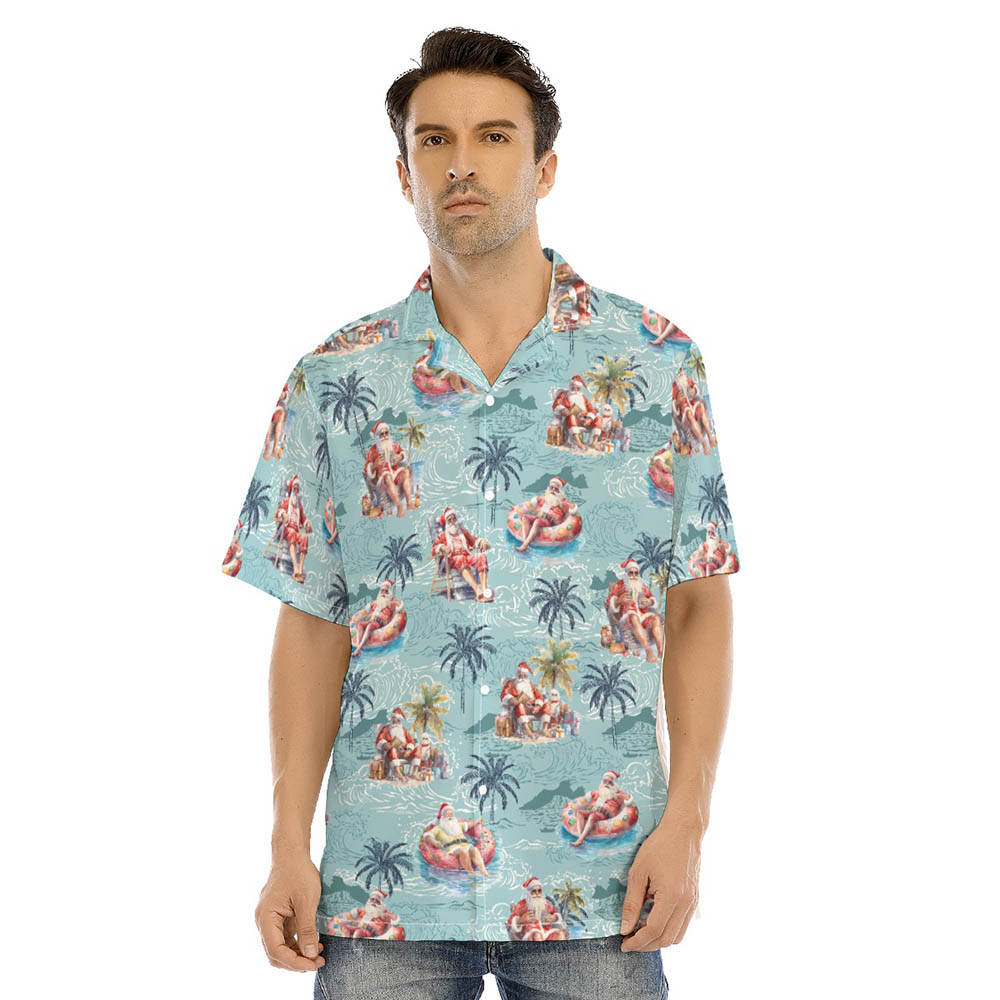 Funny Christmas Santa Summer Vacation Blue Hawaiian Shirt - variant image 1