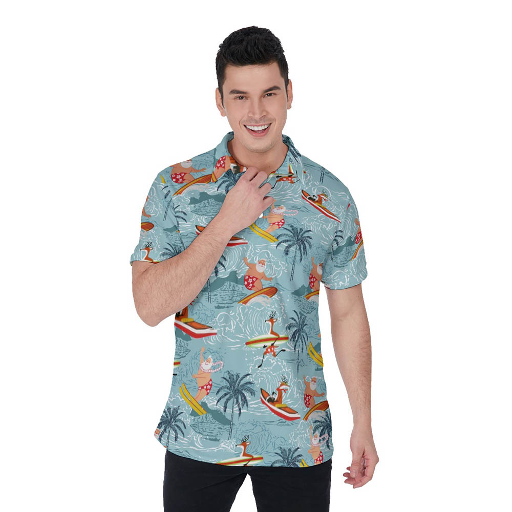 Summer Santa Surfing Tropical Blue Hawaiian Polo Shirt For Men - variant image 1
