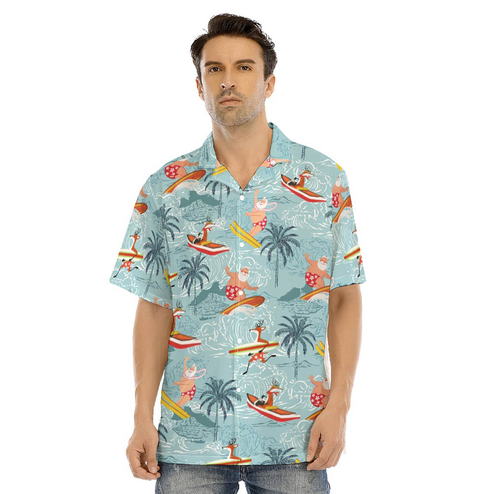 Funny Santa And Reindeer Surfing Tropical Blue Hawaiian Shirt - variant image 1