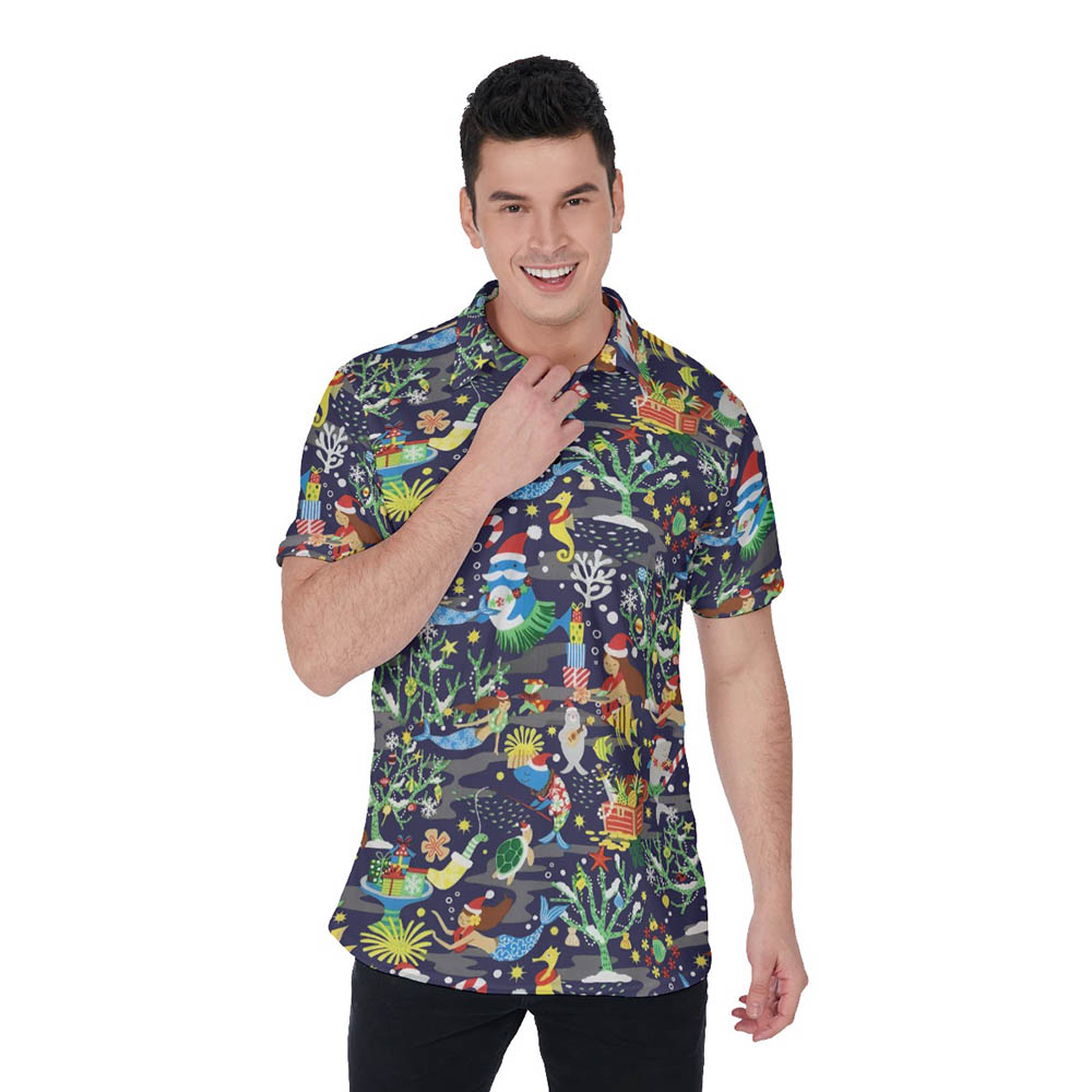 Ocean Creatures Christmas Hawaiian Navy Men's Polo Shirt - variant image 1