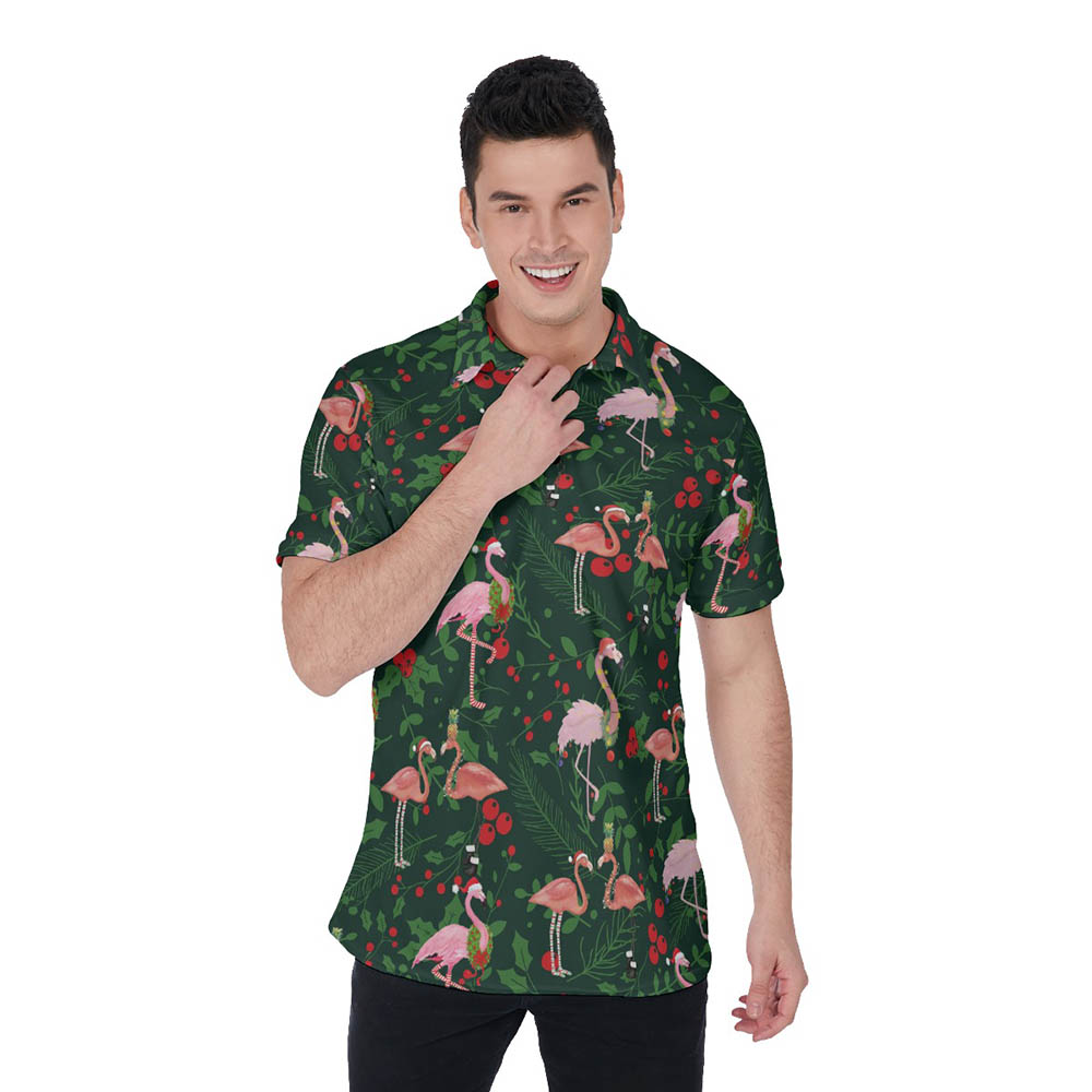 Christmas Flamingo Tropical Holly Green Hawaiian Polo Shirt For Men - variant image 1