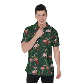 Christmas Flamingo Tropical Holly Green Hawaiian Polo Shirt For Men