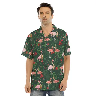 Funny Christmas Flamingo Holly Tropical Green Hawaiian Shirt