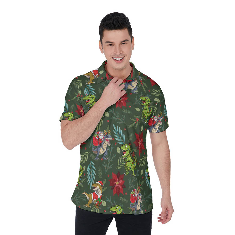 Tropical Christmas Dinosaur Poinsettia Hawaiian Polo Shirt For Men - variant image 1