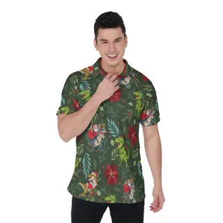 Tropical Christmas Dinosaur Poinsettia Hawaiian Polo Shirt For Men