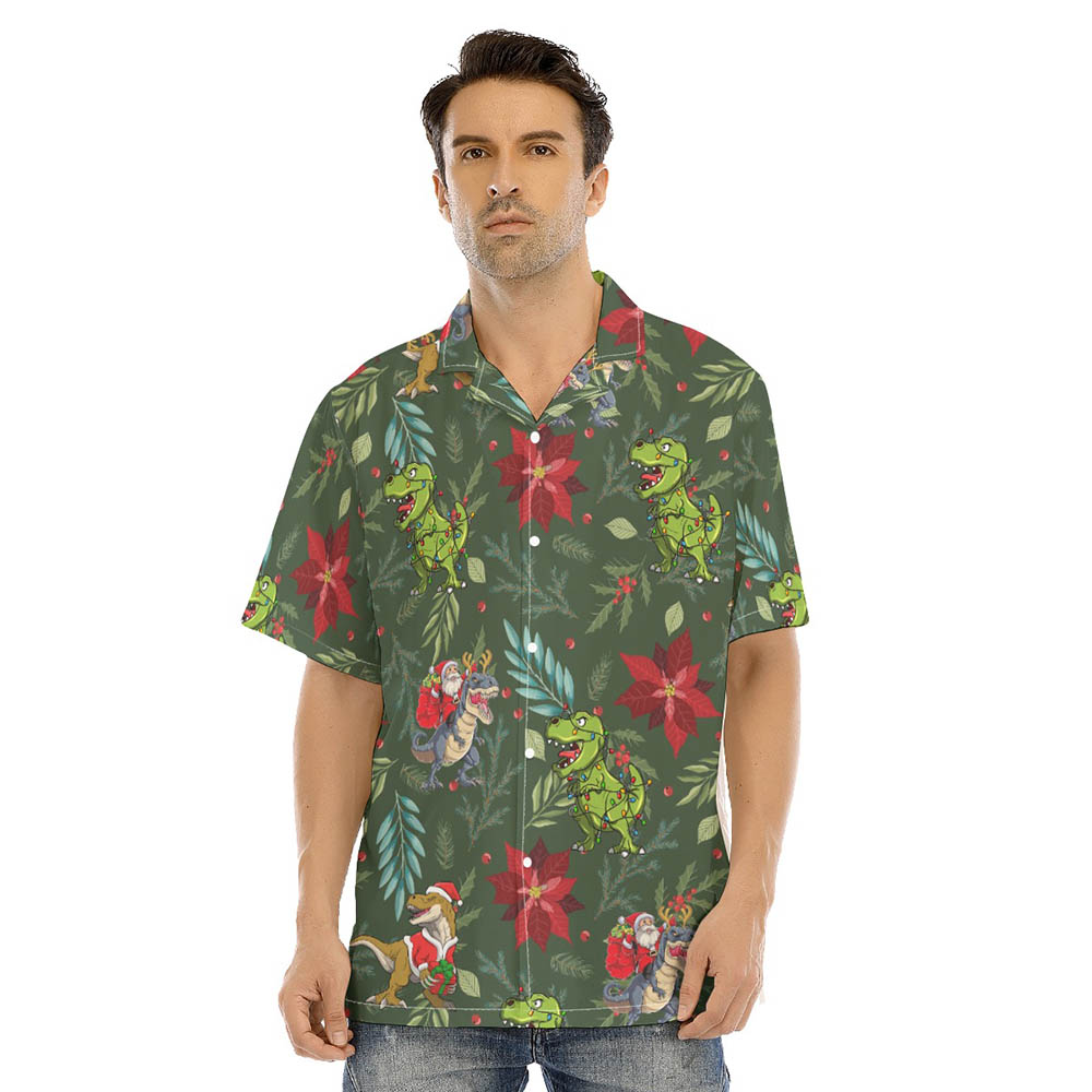Funny Dinosaur Christmas Poinsettia Green Hawaiian Shirt - variant image 1
