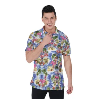 Tropical Christmas Flamingo Palm Tree Hawaiian Men's Polo Shirt