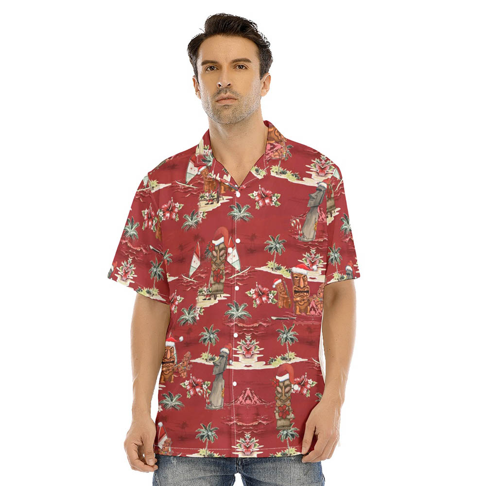 Vintage Tiki Christmas Tropical Red Hawaiian Shirt - variant image 1