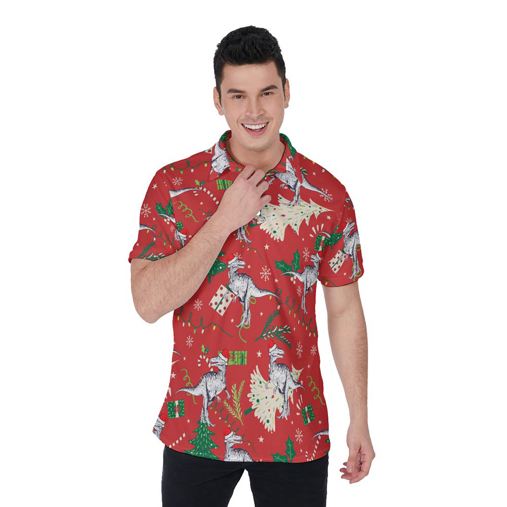 Christmas Dinosaur Red Hawaiian Polo Golf Shirt For Men - variant image 1