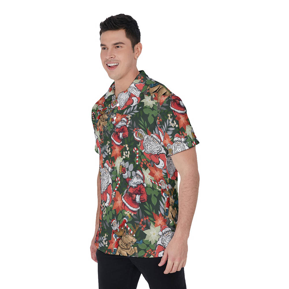Funny Christmas Santa Drinking Beer Hawaiian Polo Shirt For Men