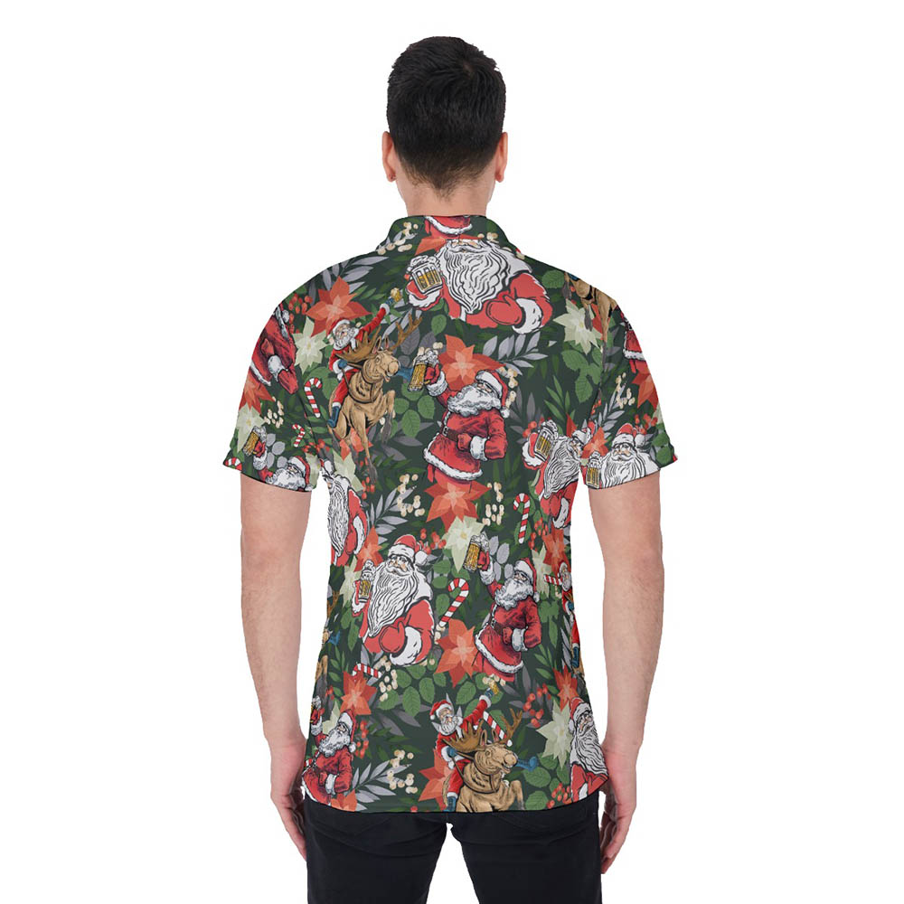 Funny Christmas Santa Drinking Beer Hawaiian Polo Shirt For Men