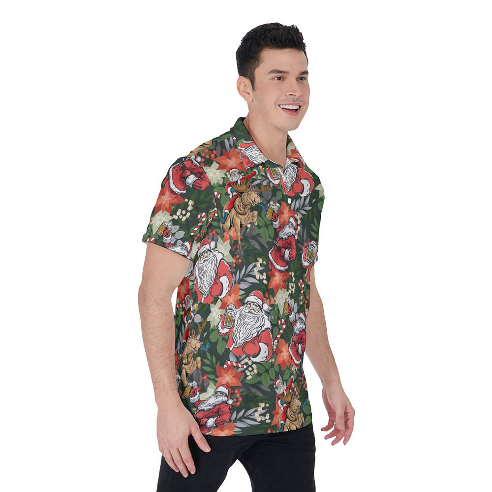 Funny Christmas Santa Drinking Beer Hawaiian Polo Shirt For Men