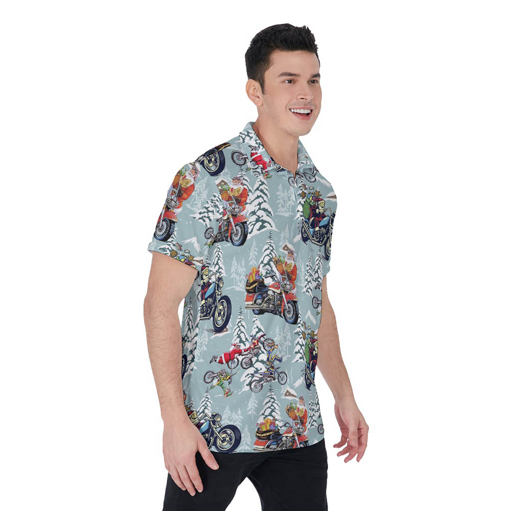 Funny Santa Riding Motorcycle Christmas Hawaiian Polo Shirt For Men