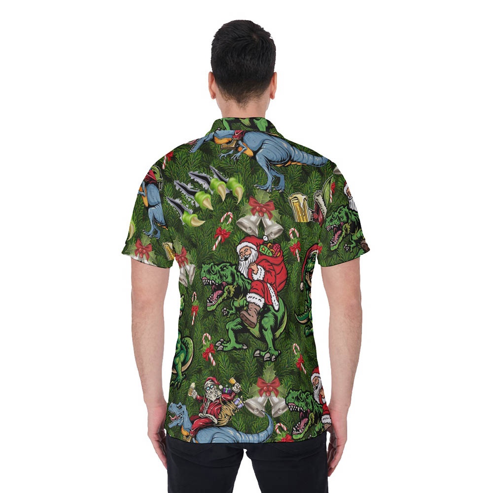 Funny Christmas Santa Riding Dinosaur Hawaiian Polo Shirt For Men