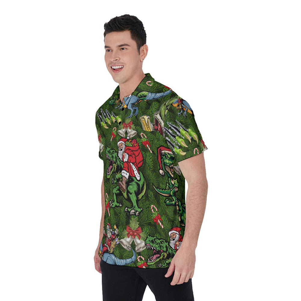 Funny Christmas Santa Riding Dinosaur Hawaiian Polo Shirt For Men