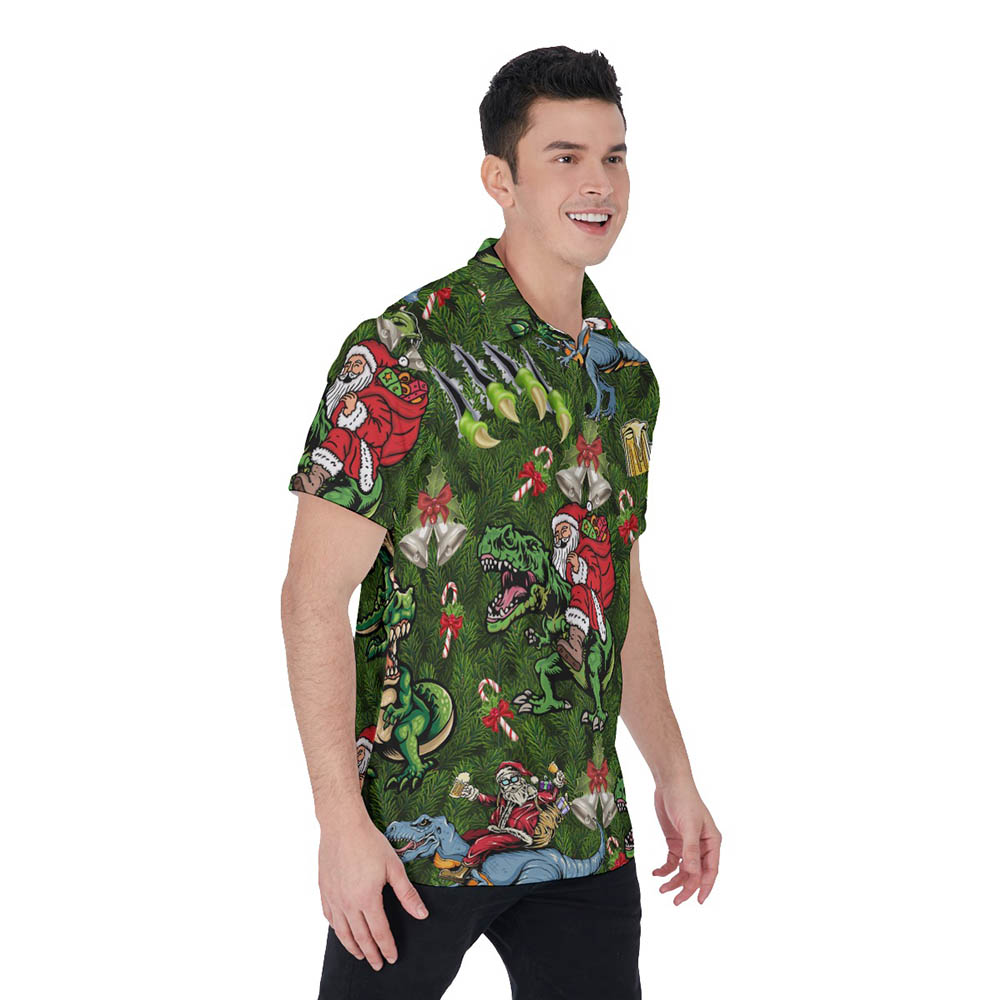 Funny Christmas Santa Riding Dinosaur Hawaiian Polo Shirt For Men