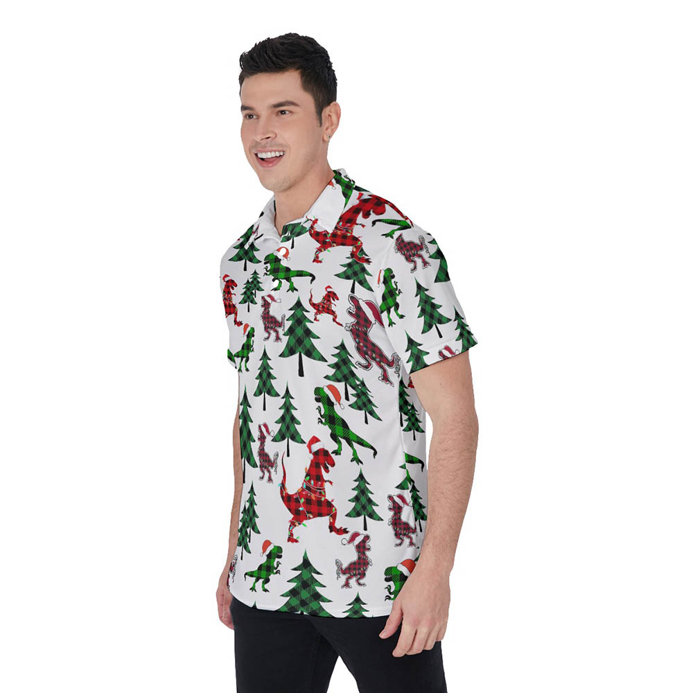 Christmas Dinosaur Buffalo Plaid Hawaiian Polo Shirt For Men