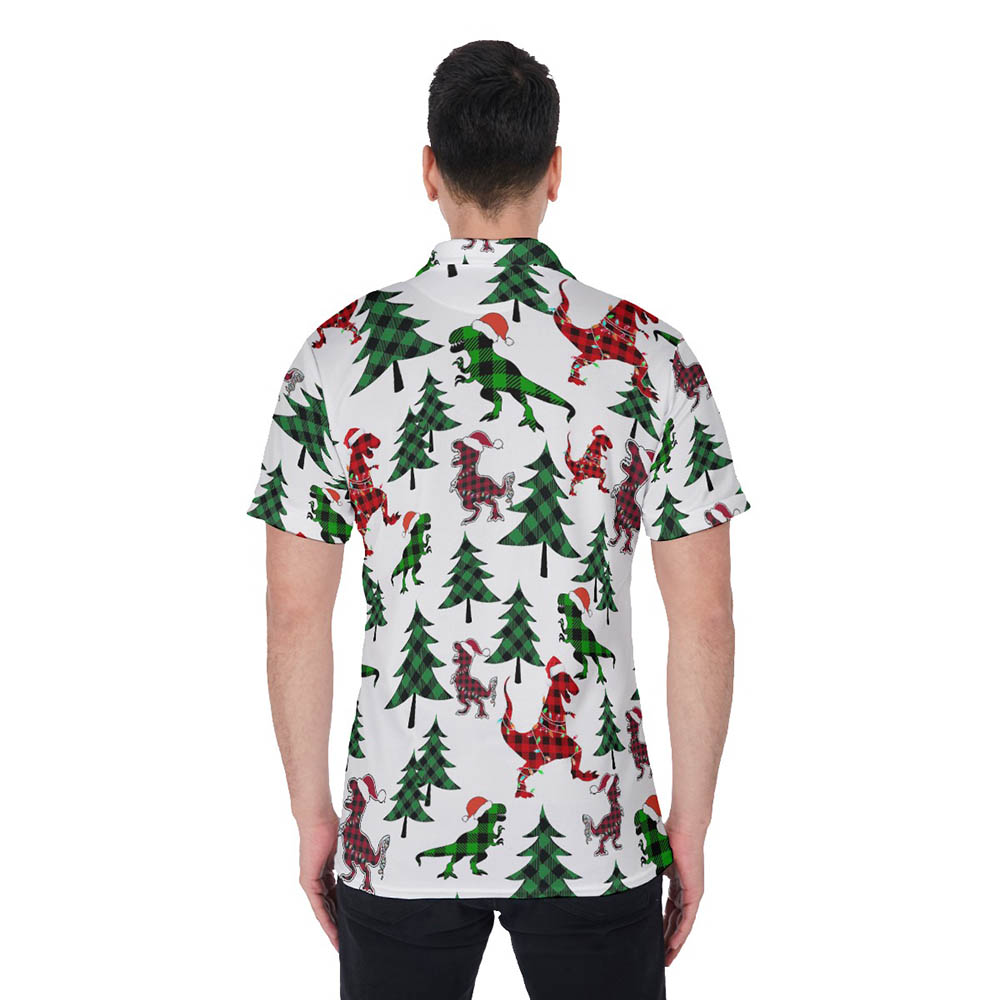 Christmas Dinosaur Buffalo Plaid Hawaiian Polo Shirt For Men