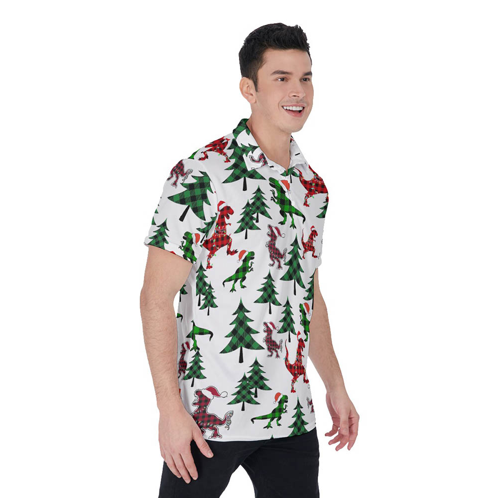 Christmas Dinosaur Buffalo Plaid Hawaiian Polo Shirt For Men