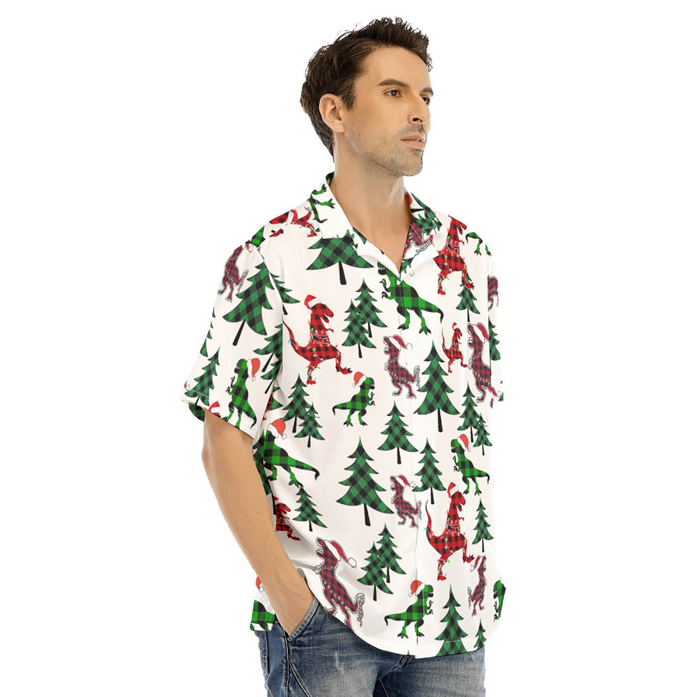 Funny Christmas Dinosaur Buffalo Plaid Hawaiian Shirt