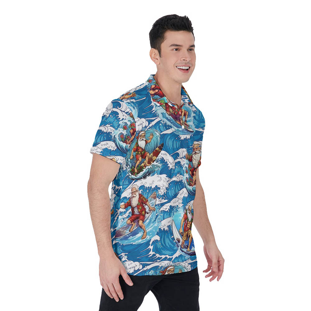Cool Santa Surfing Blue Hawaiian Men's Polo Shirt