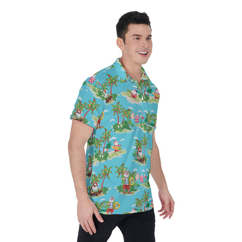 Funny Santa Surfing Summer Vacation Hawaiian Polo Shirt For Men