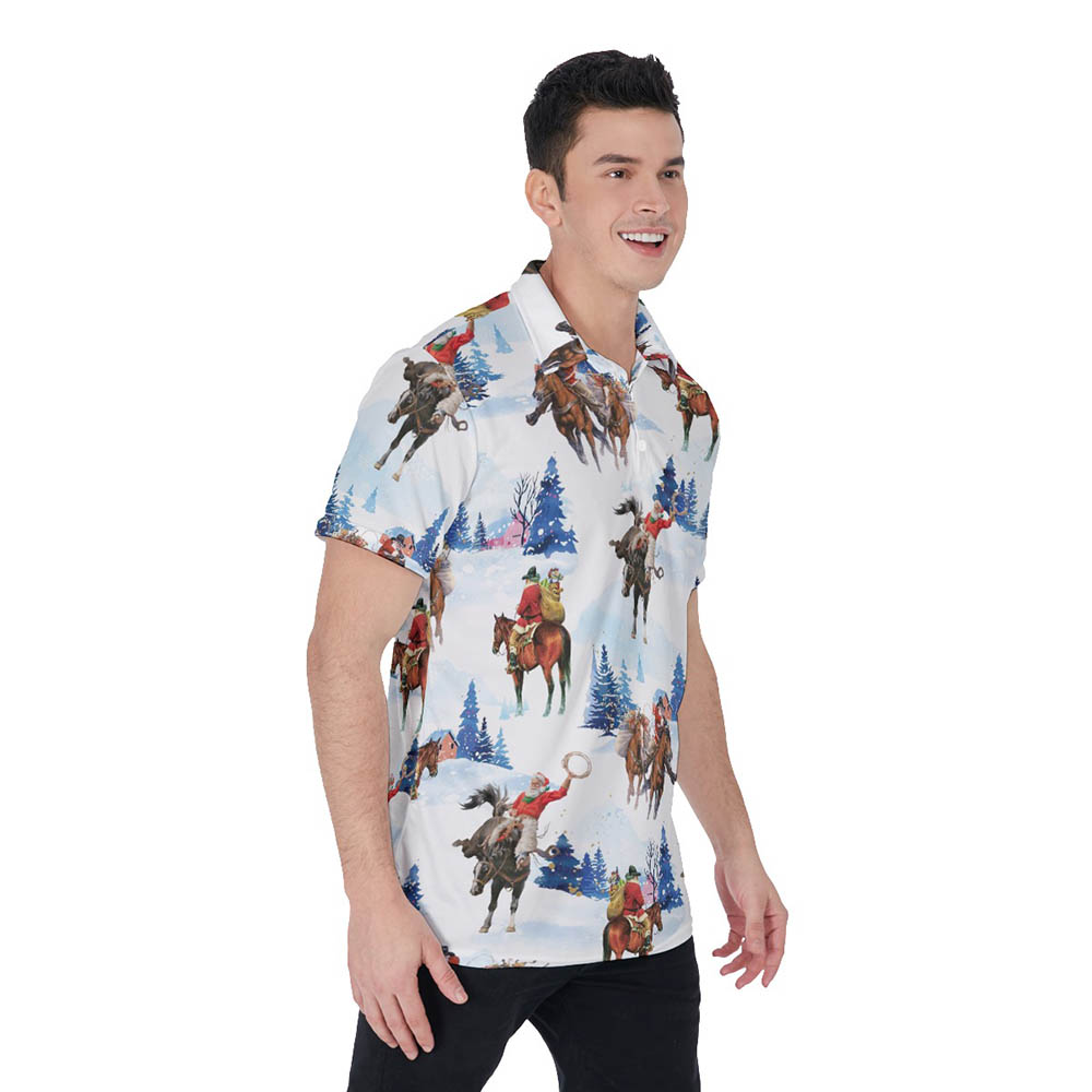 Funny Christmas Santa Cowboy Hawaiian Polo Shirt For Men