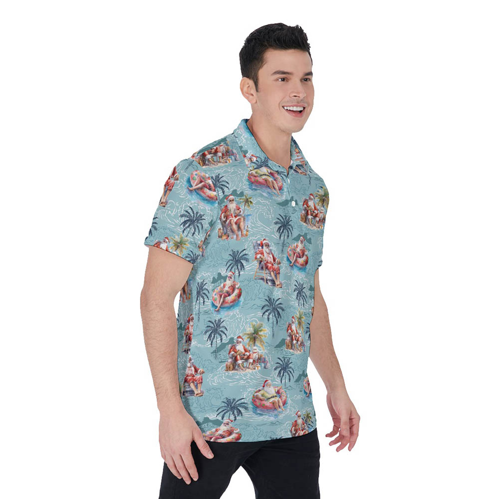 Funny Summer Vacation Santa Blue Hawaiian Polo Shirt For Men