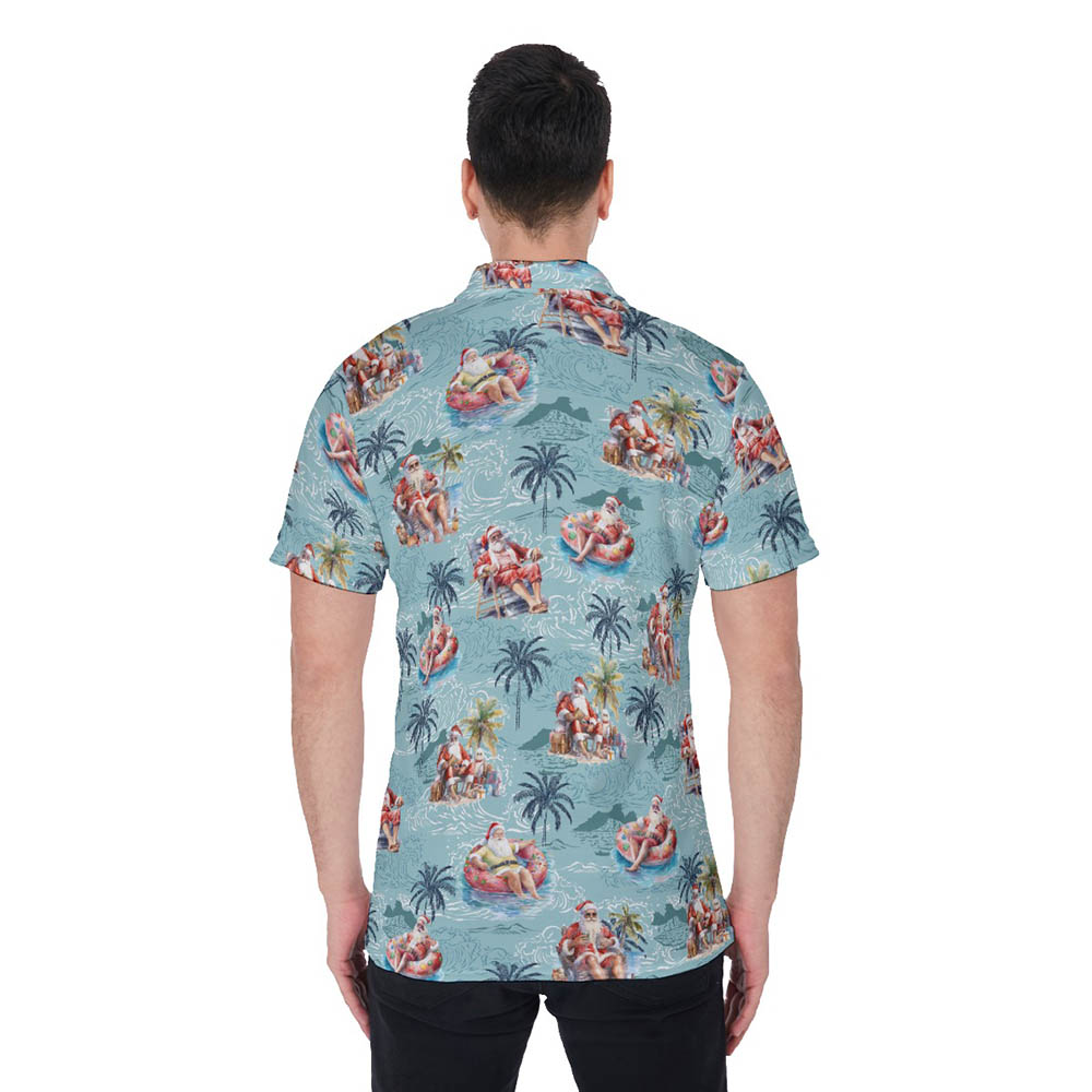 Funny Summer Vacation Santa Blue Hawaiian Polo Shirt For Men