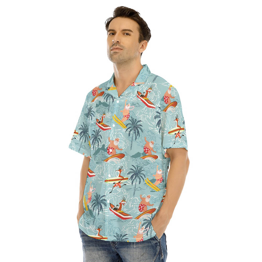 Funny Santa And Reindeer Surfing Tropical Blue Hawaiian Shirt