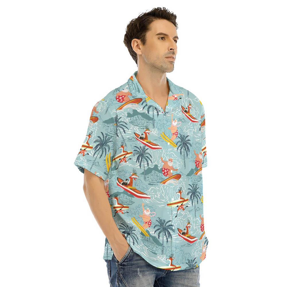 Funny Santa And Reindeer Surfing Tropical Blue Hawaiian Shirt
