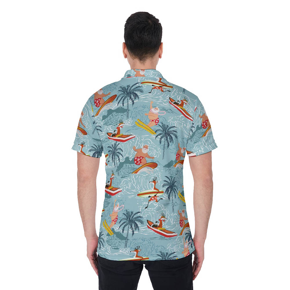 Summer Santa Surfing Tropical Blue Hawaiian Polo Shirt For Men