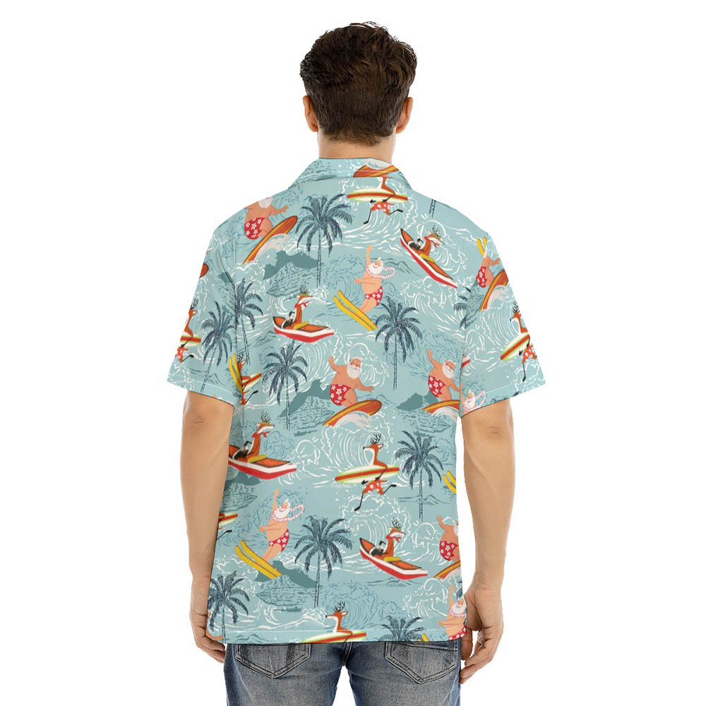 Funny Santa And Reindeer Surfing Tropical Blue Hawaiian Shirt