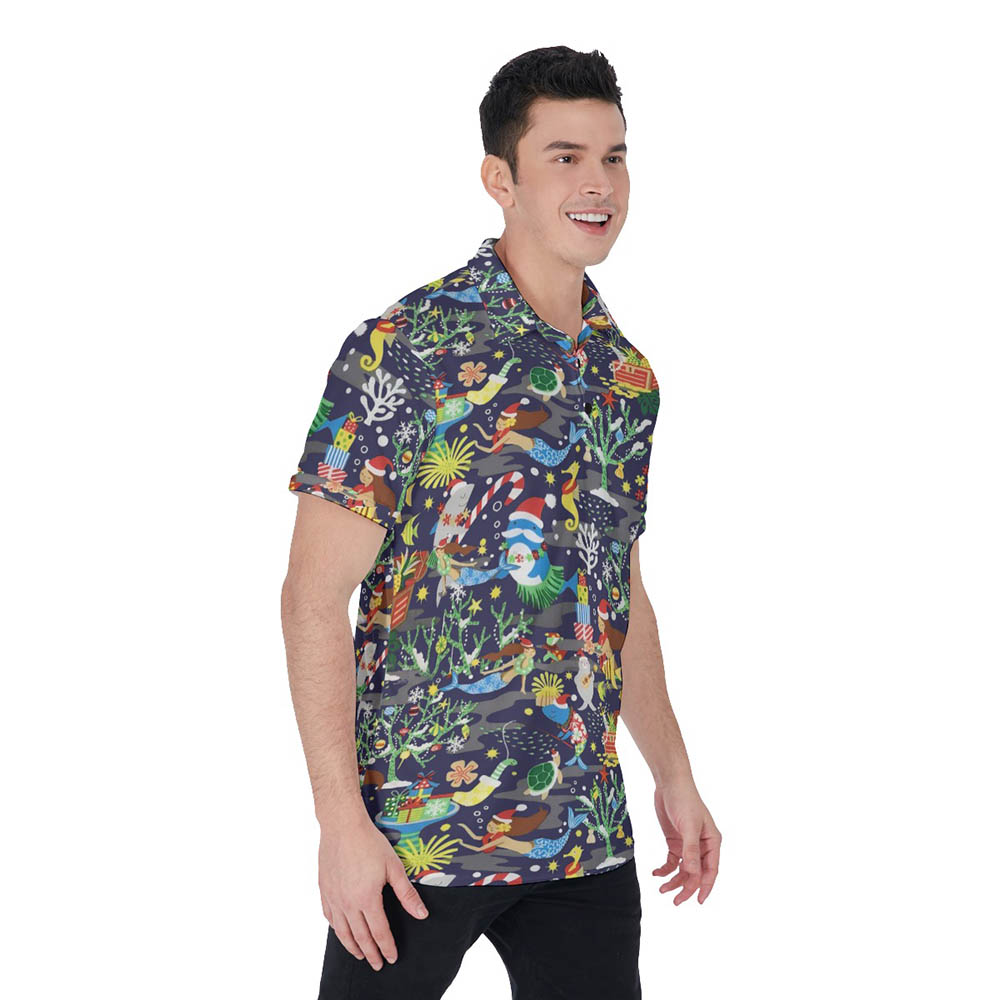 Ocean Creatures Christmas Hawaiian Navy Men's Polo Shirt