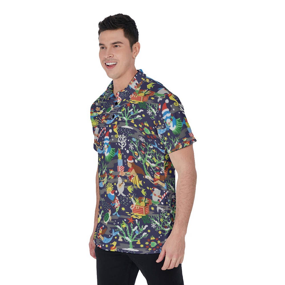 Ocean Creatures Christmas Hawaiian Navy Men's Polo Shirt