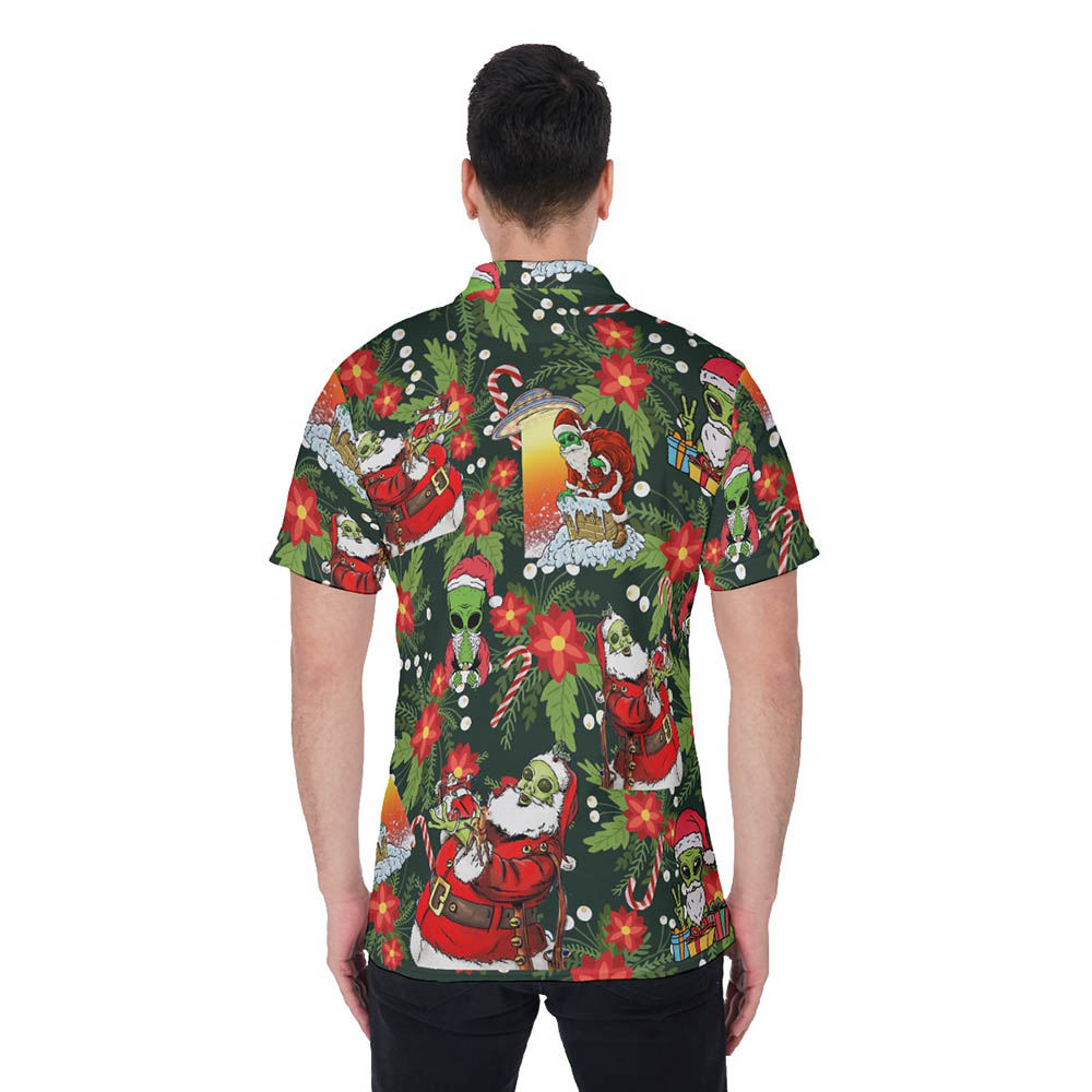 Christmas Santa Alien Hawaiian Polo Shirt For Men