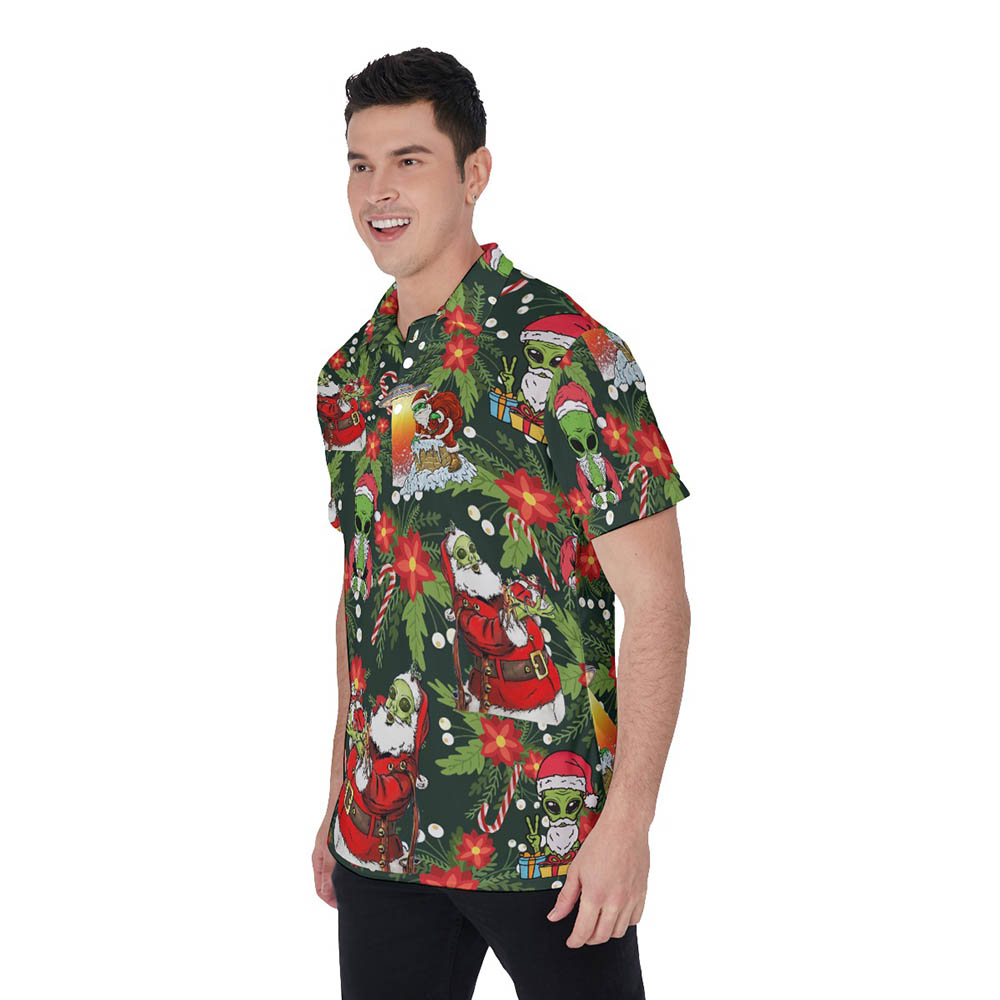 Christmas Santa Alien Hawaiian Polo Shirt For Men